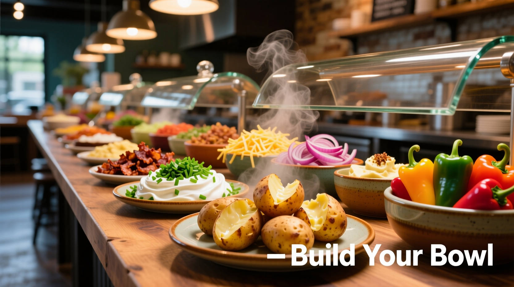 Colorful baked potato bar with multiple topping stations