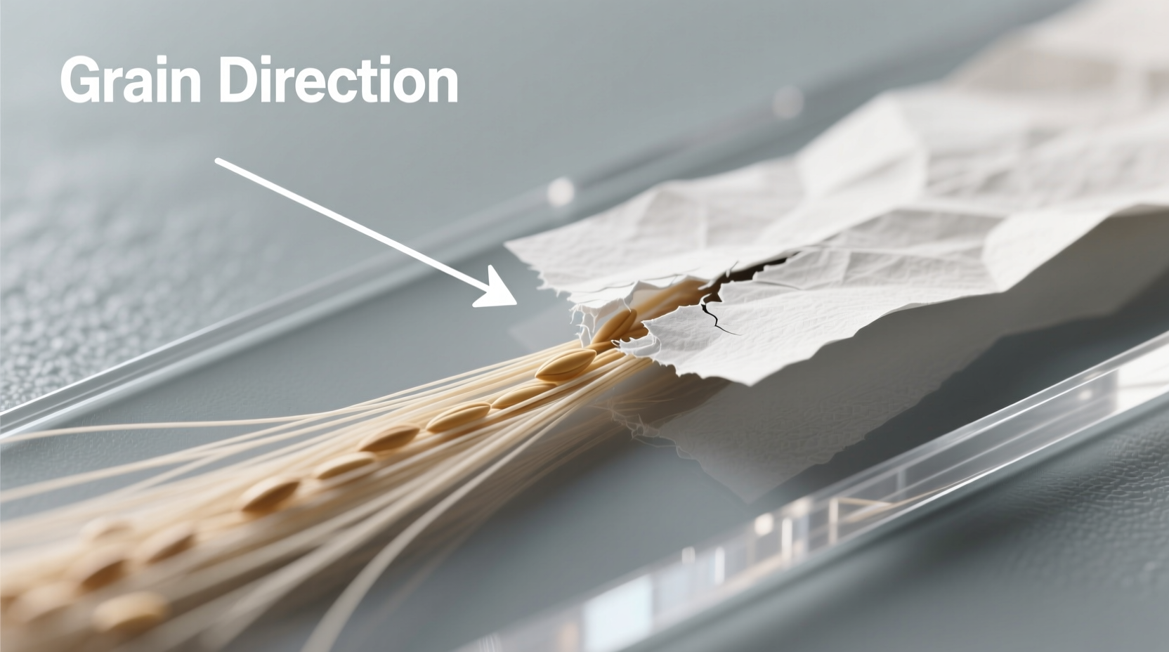Close-up of tissue paper grain direction demonstration for clean tearing