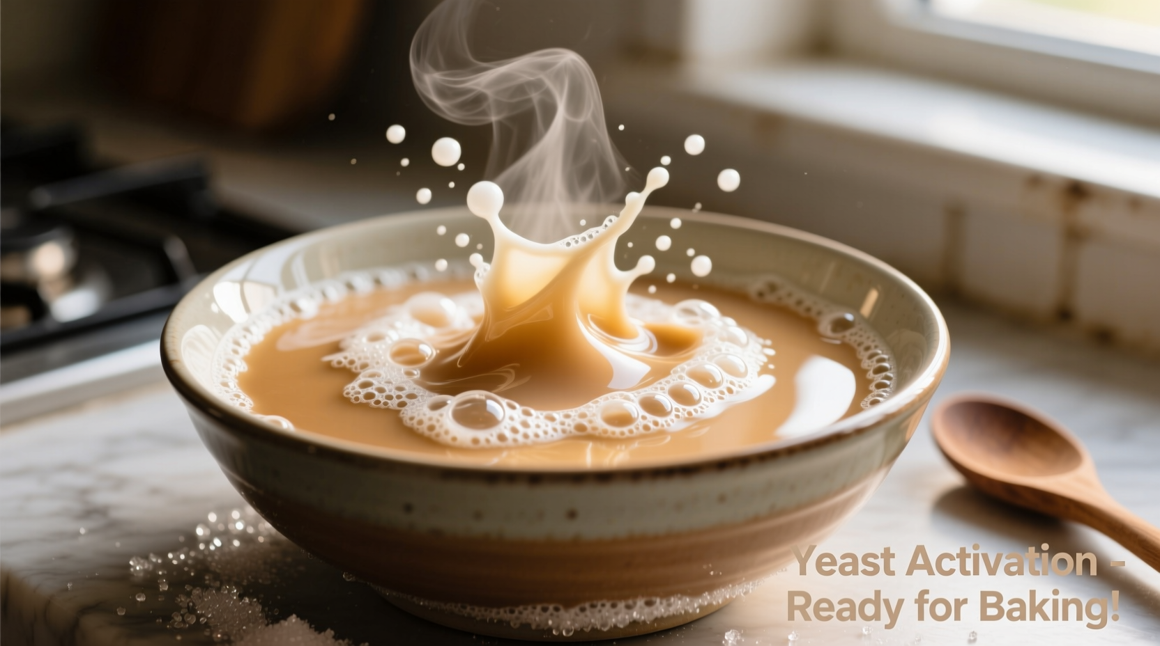 Foamy yeast mixture bubbling in warm milk and sugar