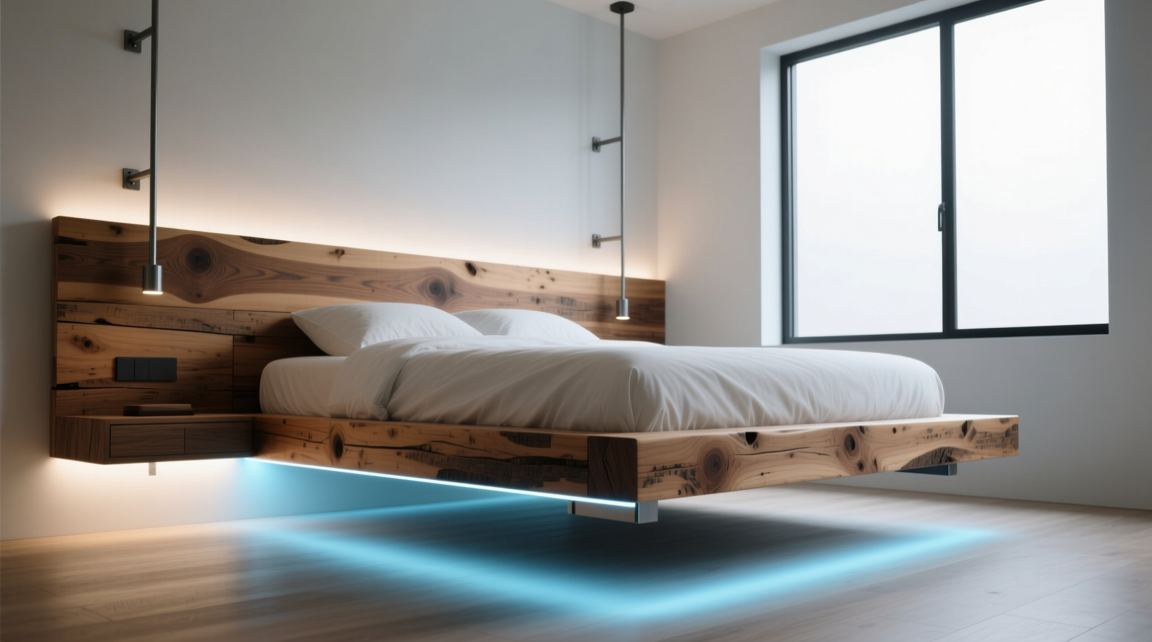 Custom floating bed frame with underglow LED lighting and reclaimed wood