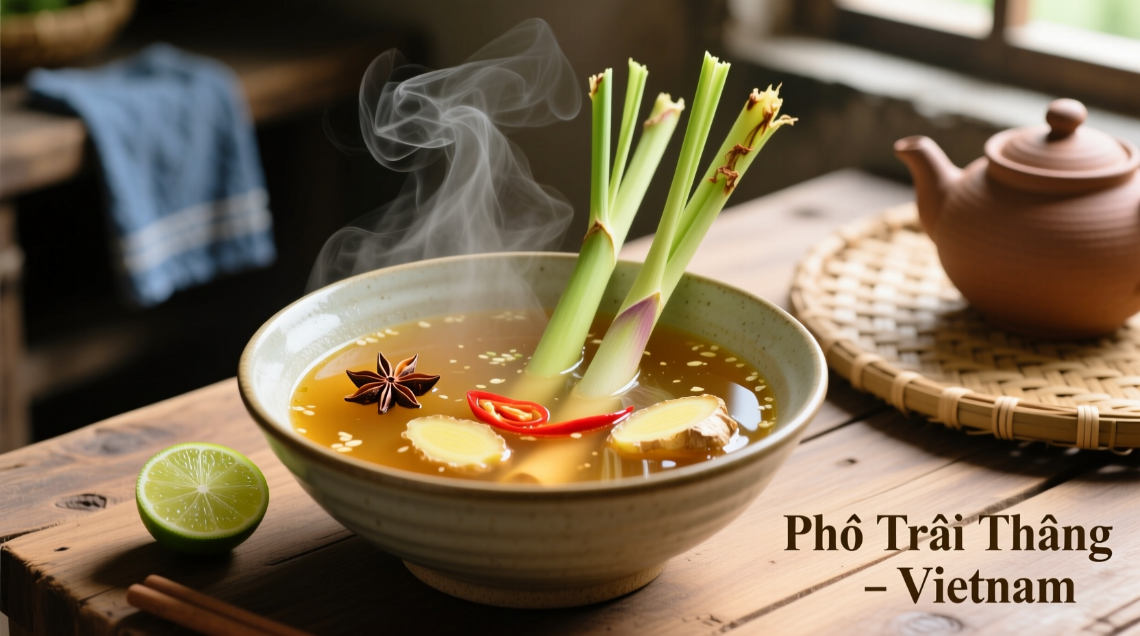 Fresh lemongrass stalks in traditional Vietnamese pho broth