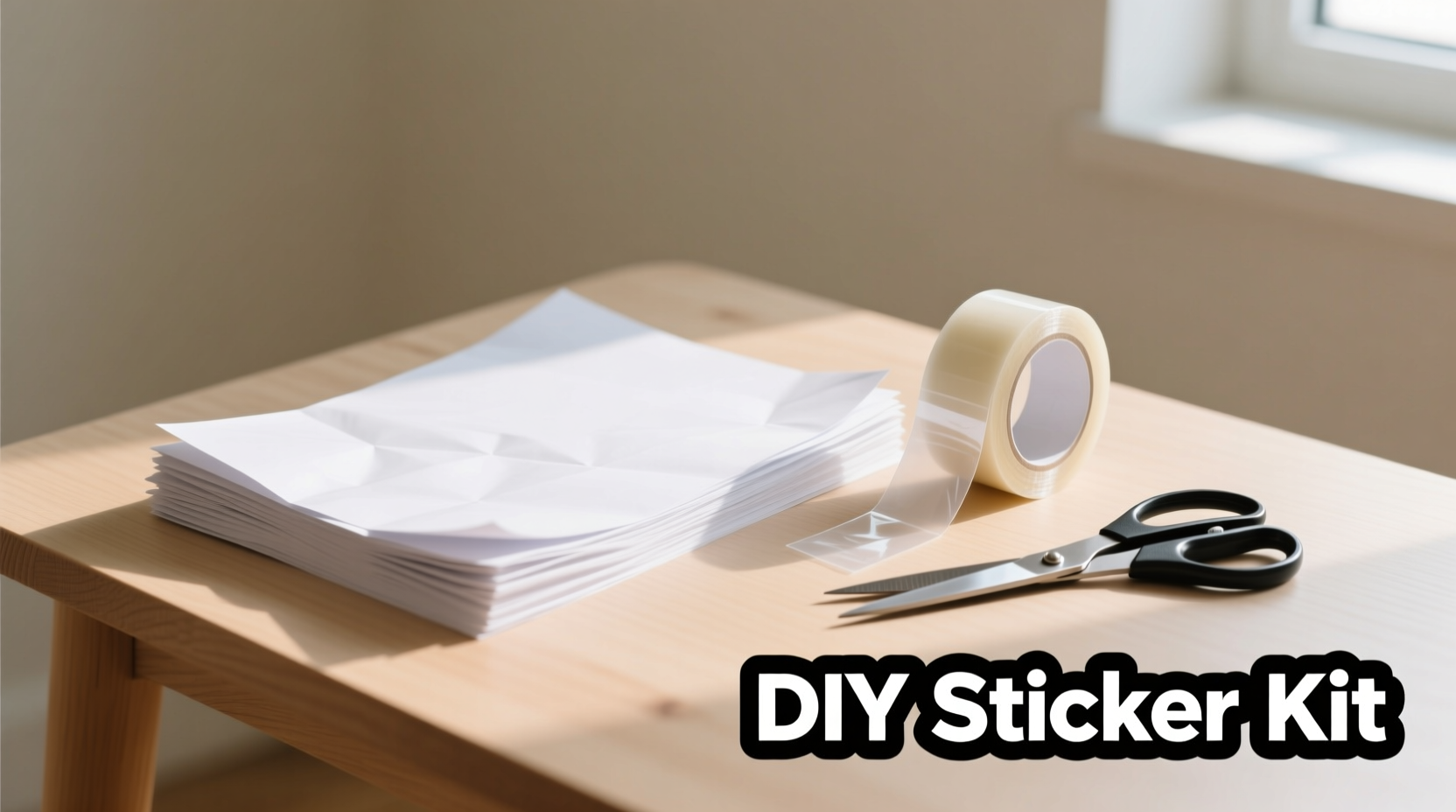 DIY sticker materials: printer paper, clear tape, scissors