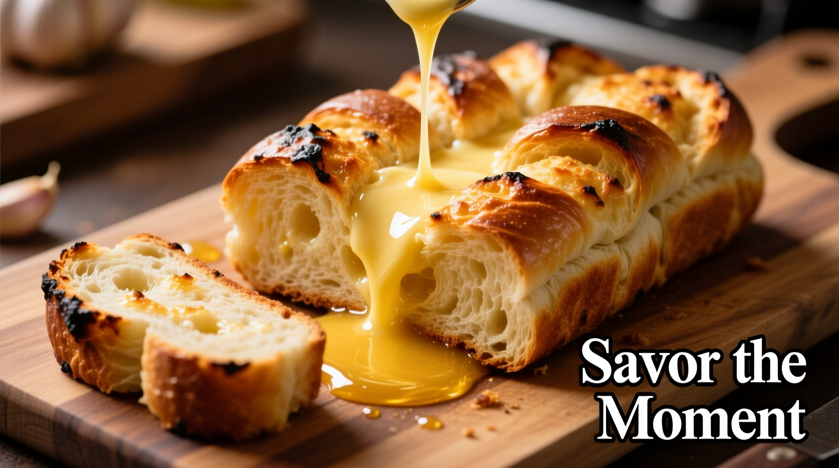 Golden pull apart garlic bread with melted butter dripping