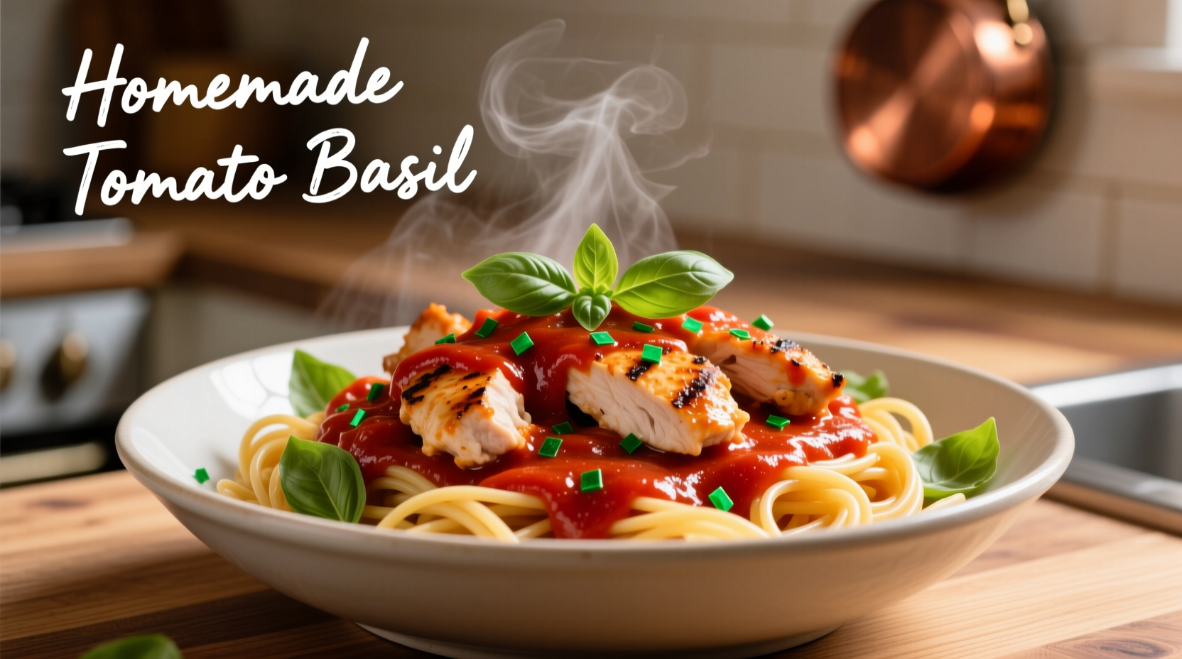 Chicken pasta in rich tomato sauce with basil garnish
