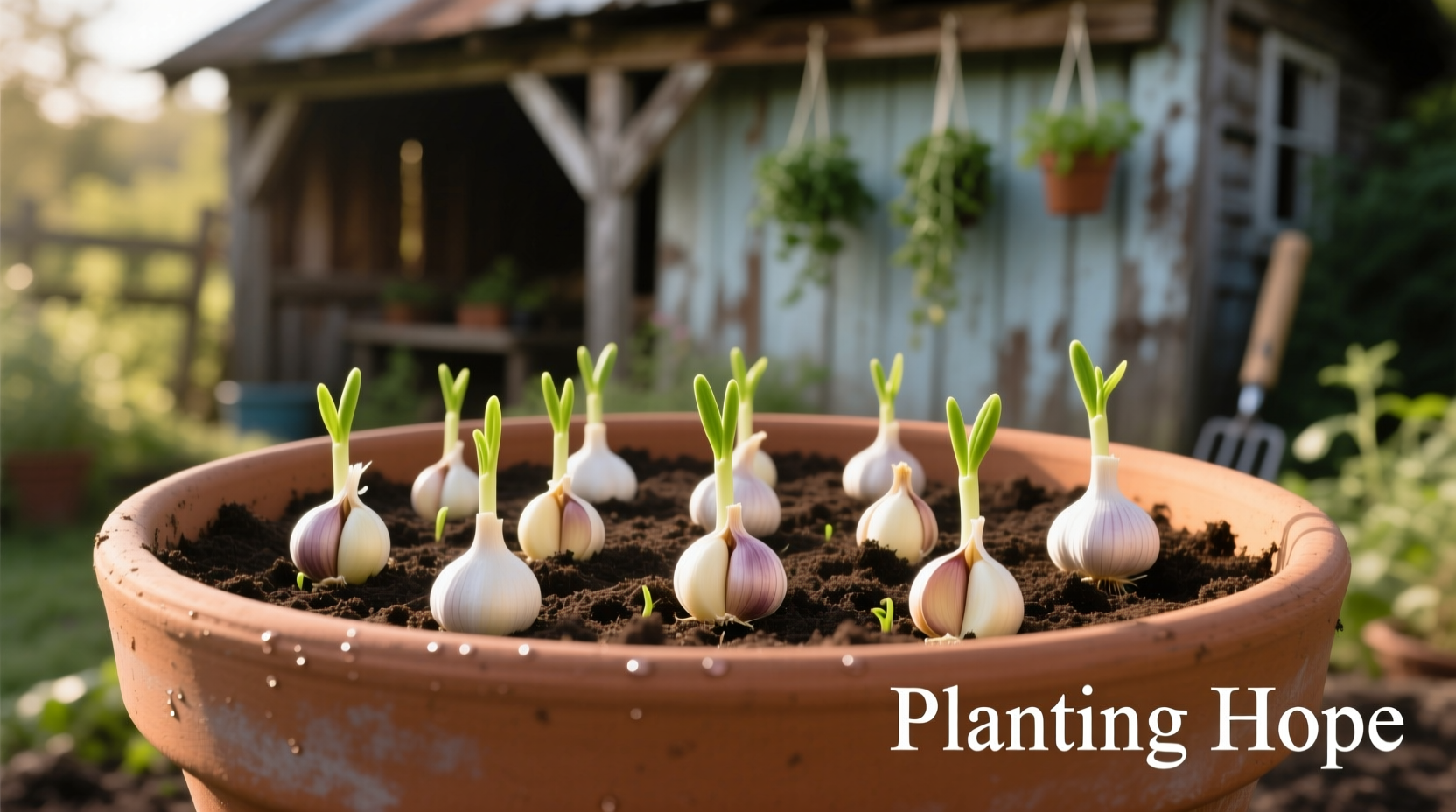 Garlic cloves planted in terracotta pot with proper spacing