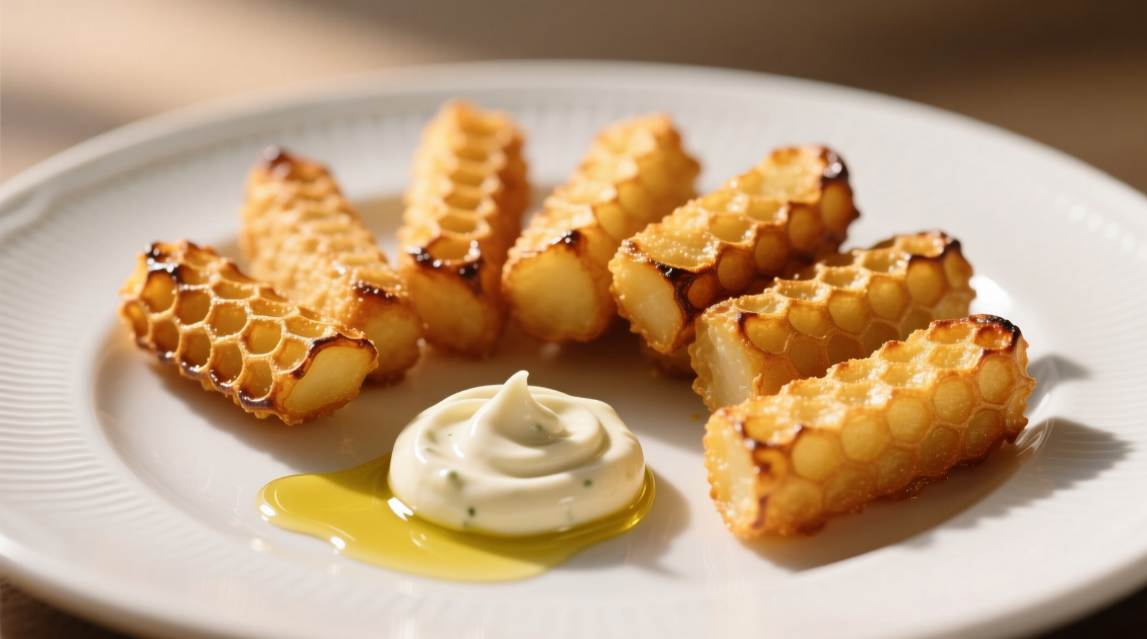 Golden fried potato logs on white plate with dipping sauce