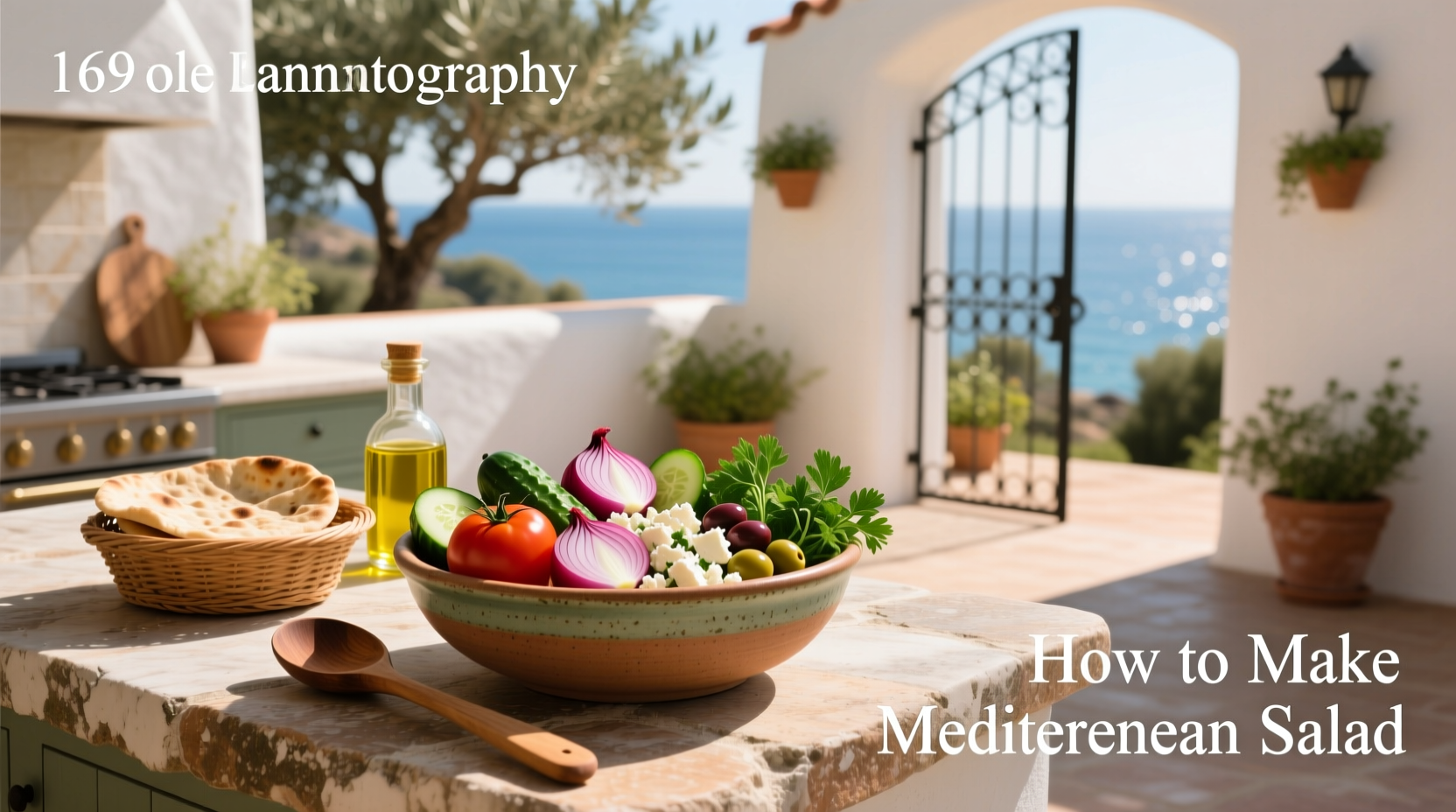 Colorful Mediterranean salad served in a ceramic bowl with a wooden spoon nearby