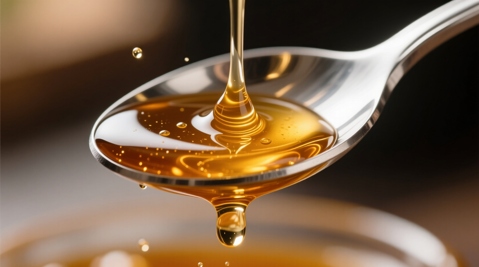 Close-up of honey spoon showing golden liquid texture