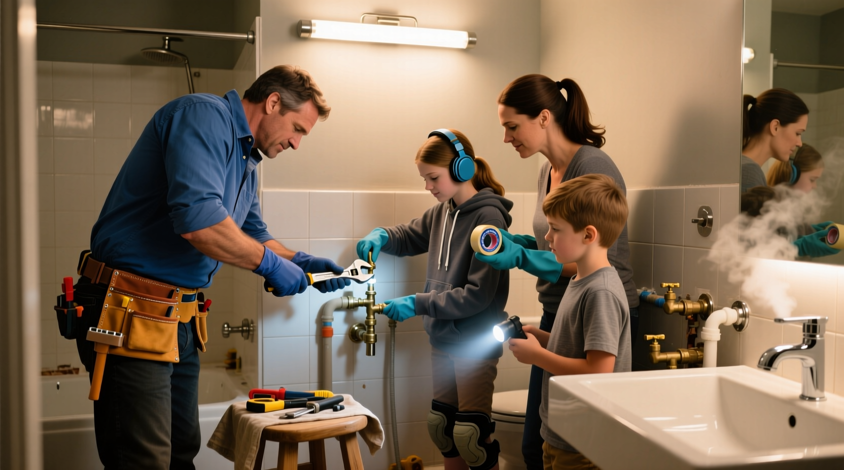 Family working on plumbing installation