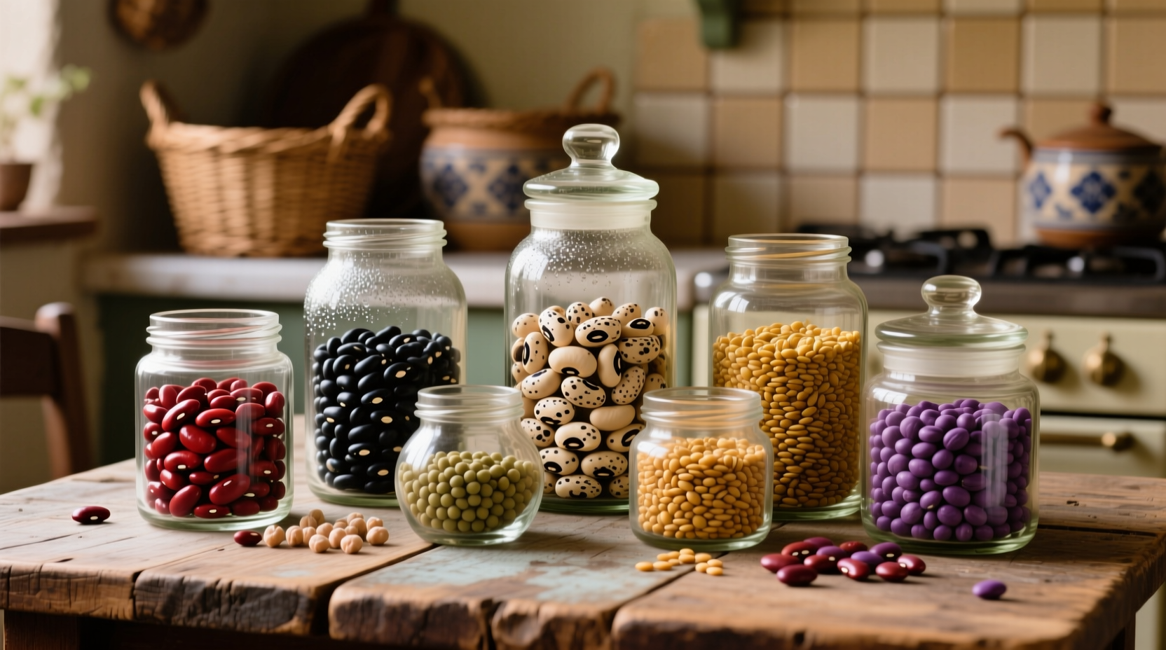 Colorful assortment of dried beans in glass jars