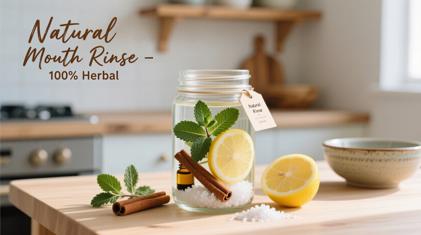 Homemade mouth rinse ingredients in glass jar