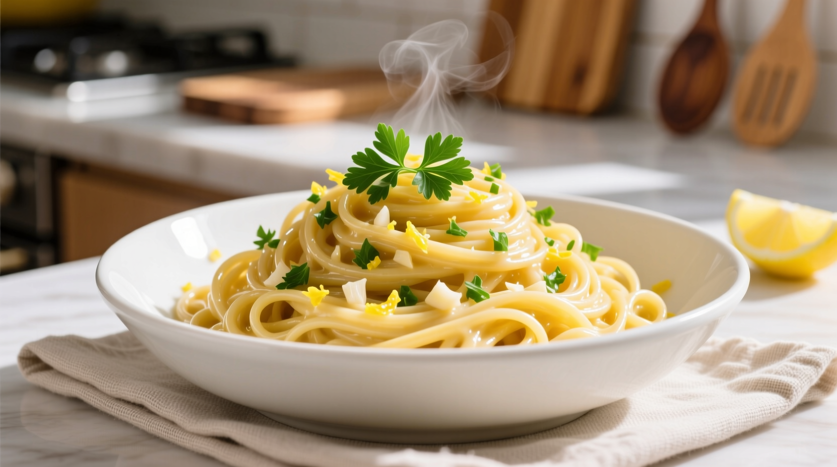 Lemon butter garlic spaghetti in white bowl with fresh parsley