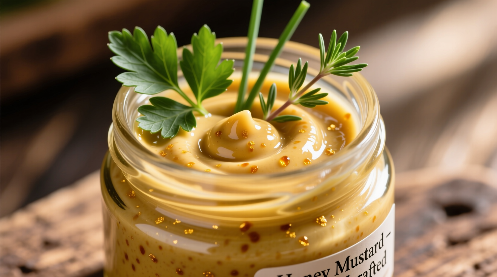 Creamy golden honey mustard sauce in glass jar with herbs