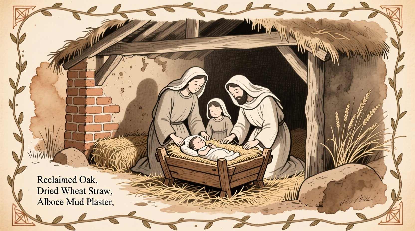 Hand-drawn nativity scene sketch with labeled natural materials