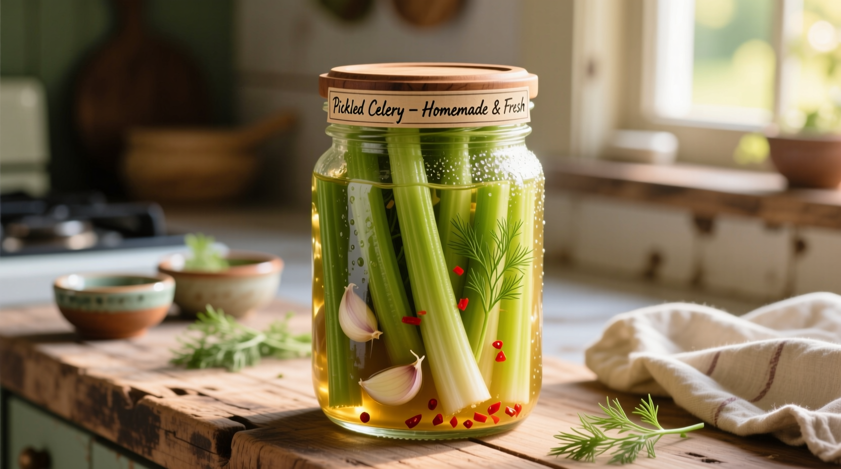 Crisp homemade pickled celery in mason jar