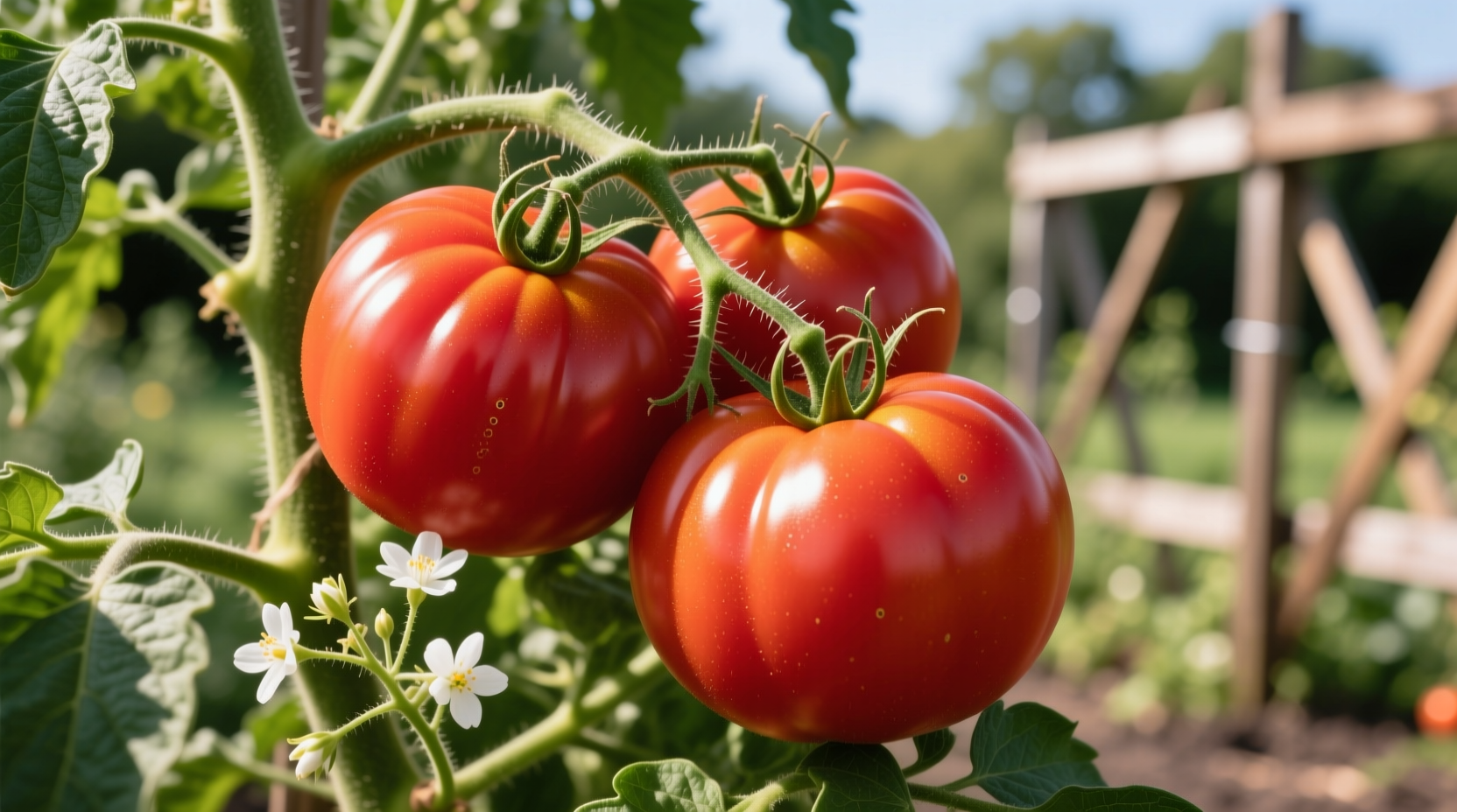 Ripe beefsteak tomatoes on vine with characteristic ridges