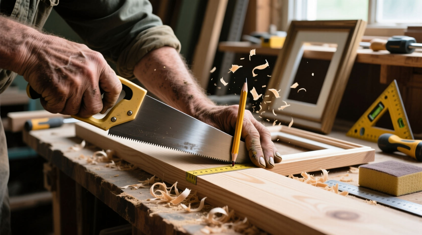 Hands measuring and cutting wood for picture frame