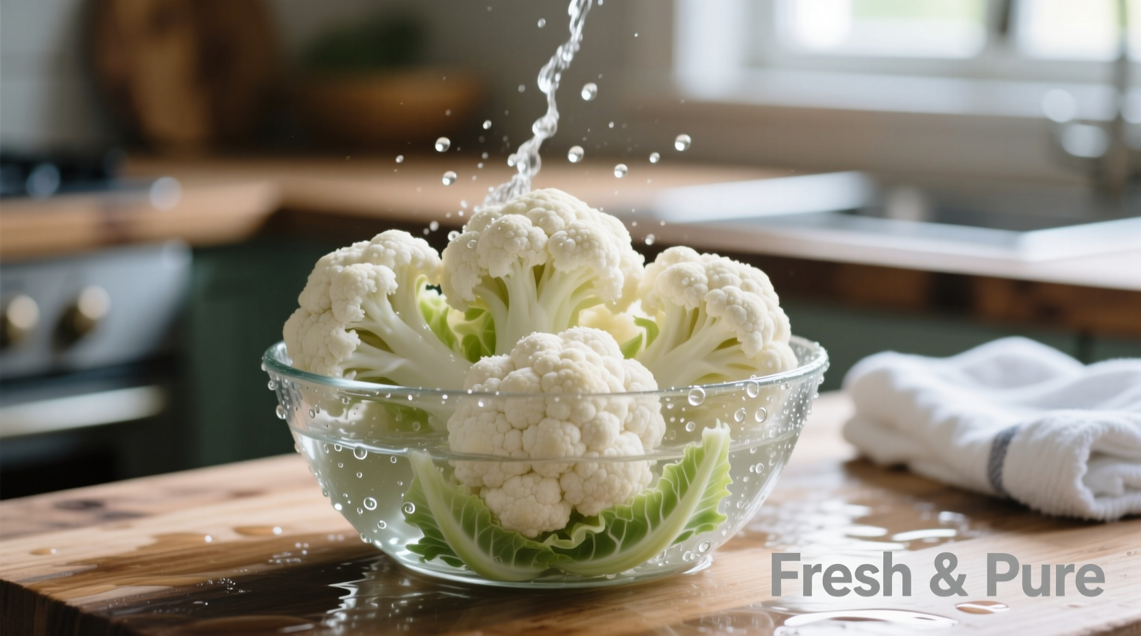 Fresh cauliflower florets being washed in a bowl