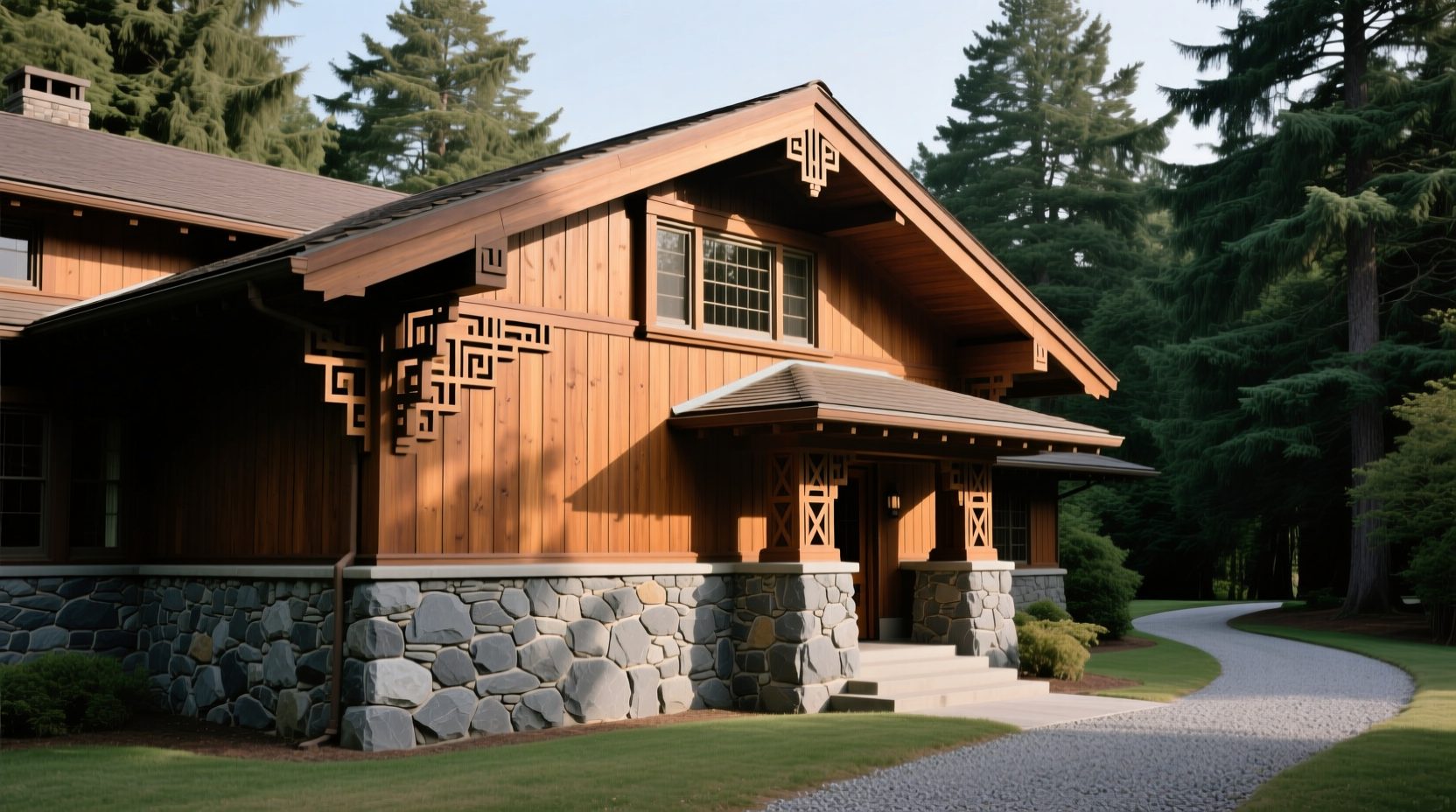 Gamble House exterior with low-pitched roof and stone foundation