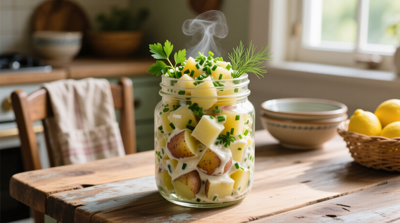 Homemade potato salad in glass container with fresh herbs