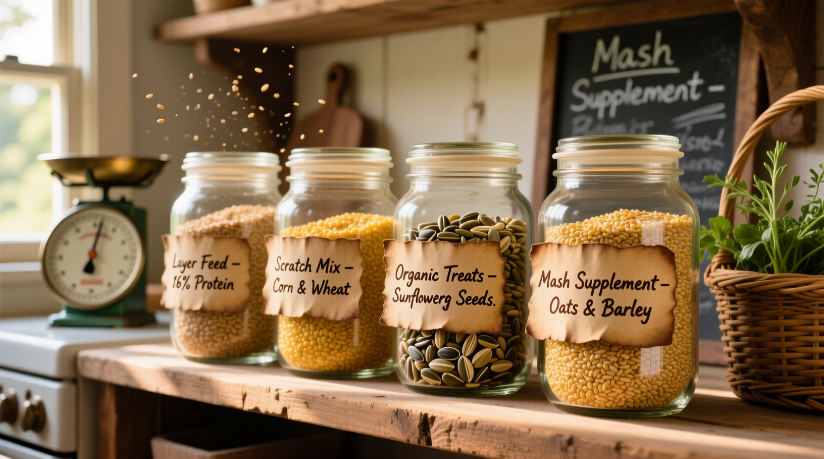 Homemade chicken feed storage containers with labels