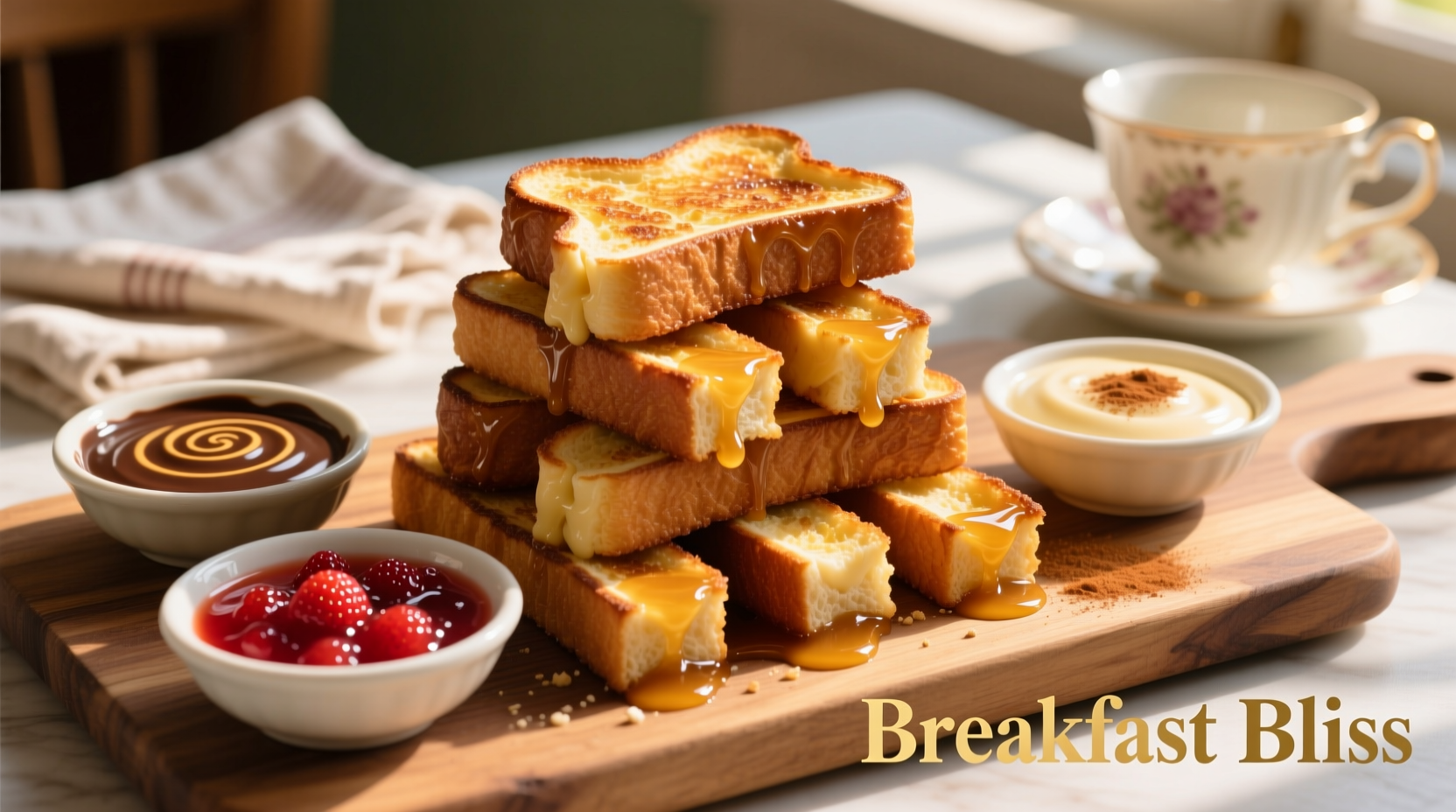 Colorful french toast sticks with multiple dipping sauces