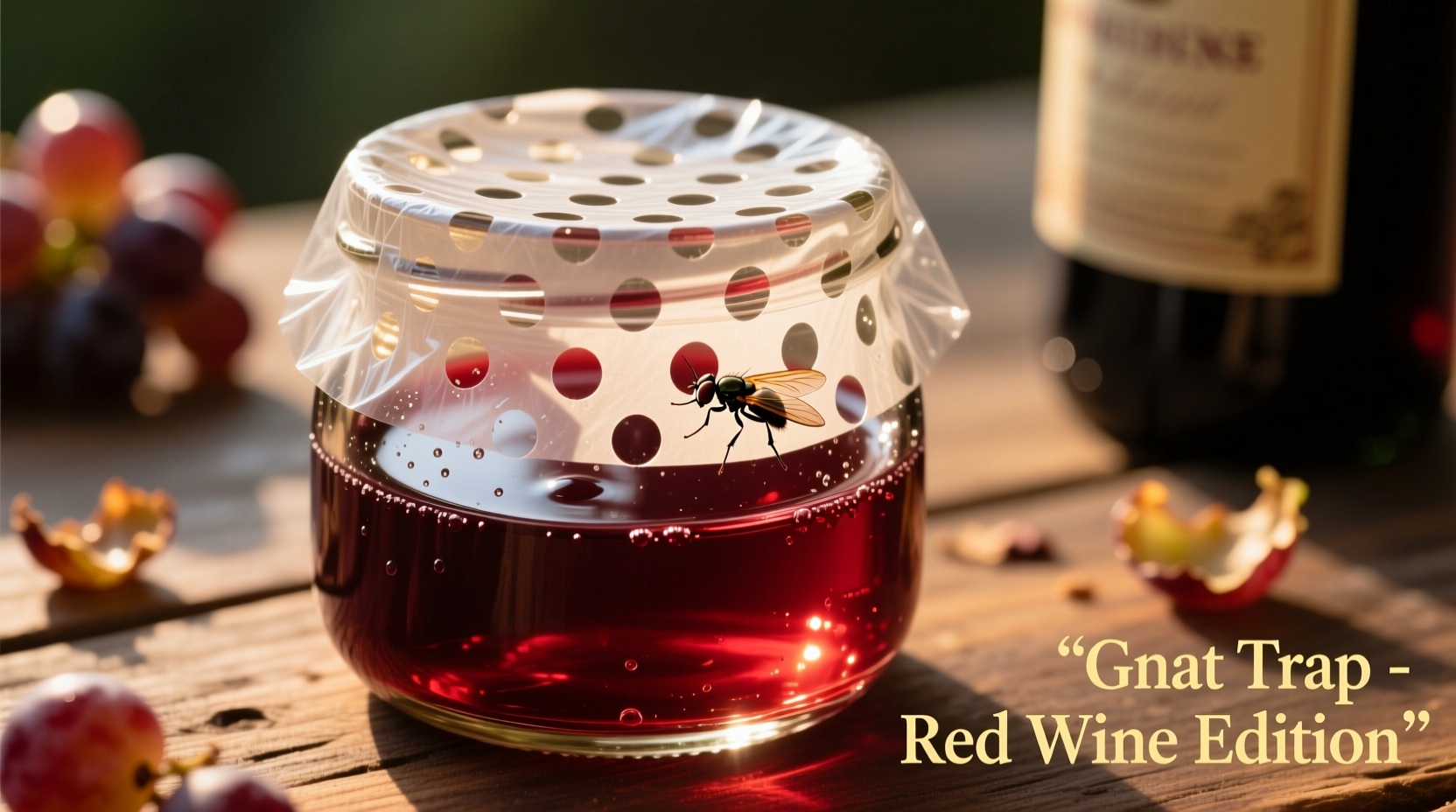 Red wine gnat trap covered with hole-punched plastic wrap