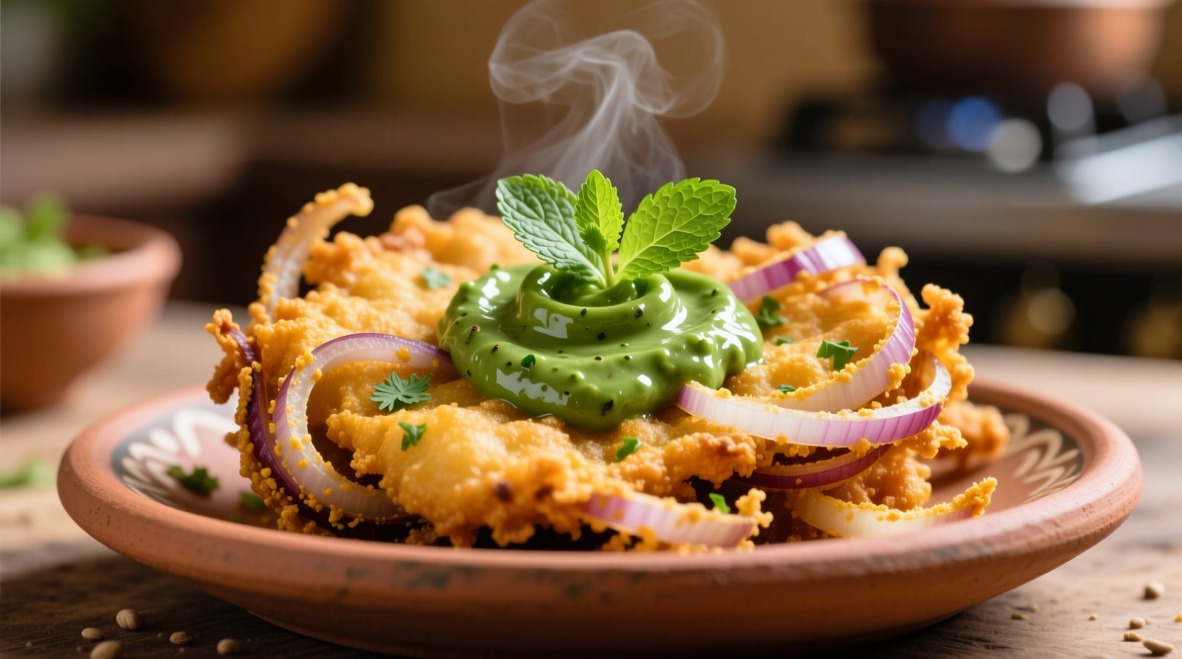 Golden crispy onion bhaji served with mint chutney