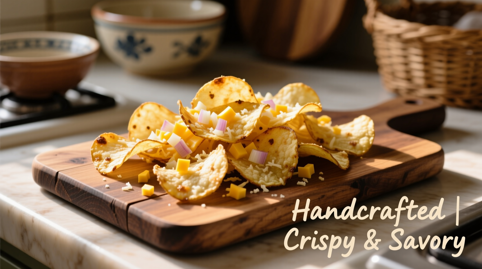 Homemade cheese and onion potato chips on wooden board