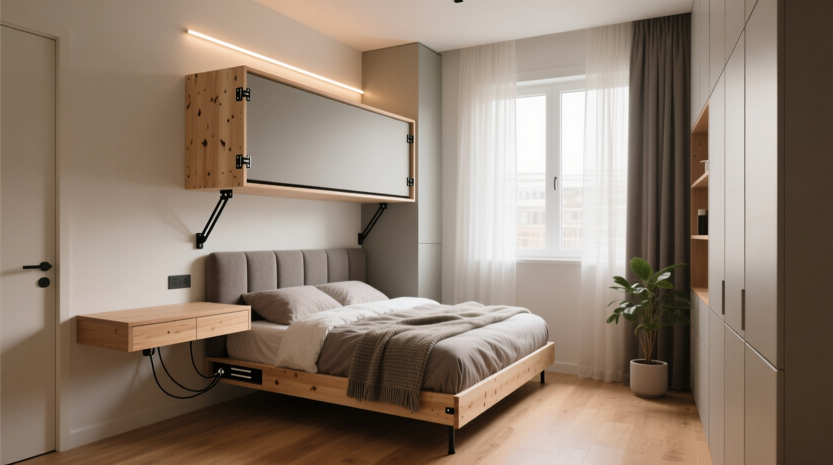DIY fold down bed installed in compact studio apartment