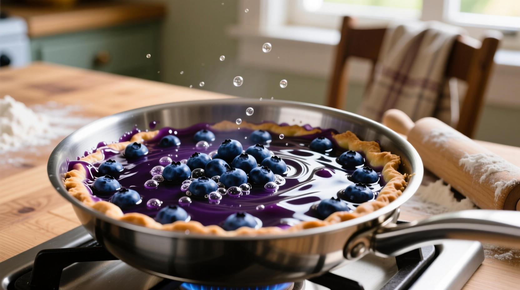 Thick blueberry pie filling bubbling in saucepan with fresh berries