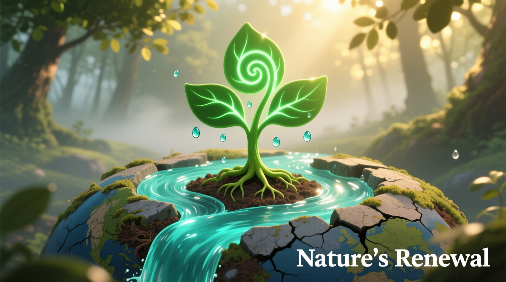 Earth and water elements combining into green plant icon