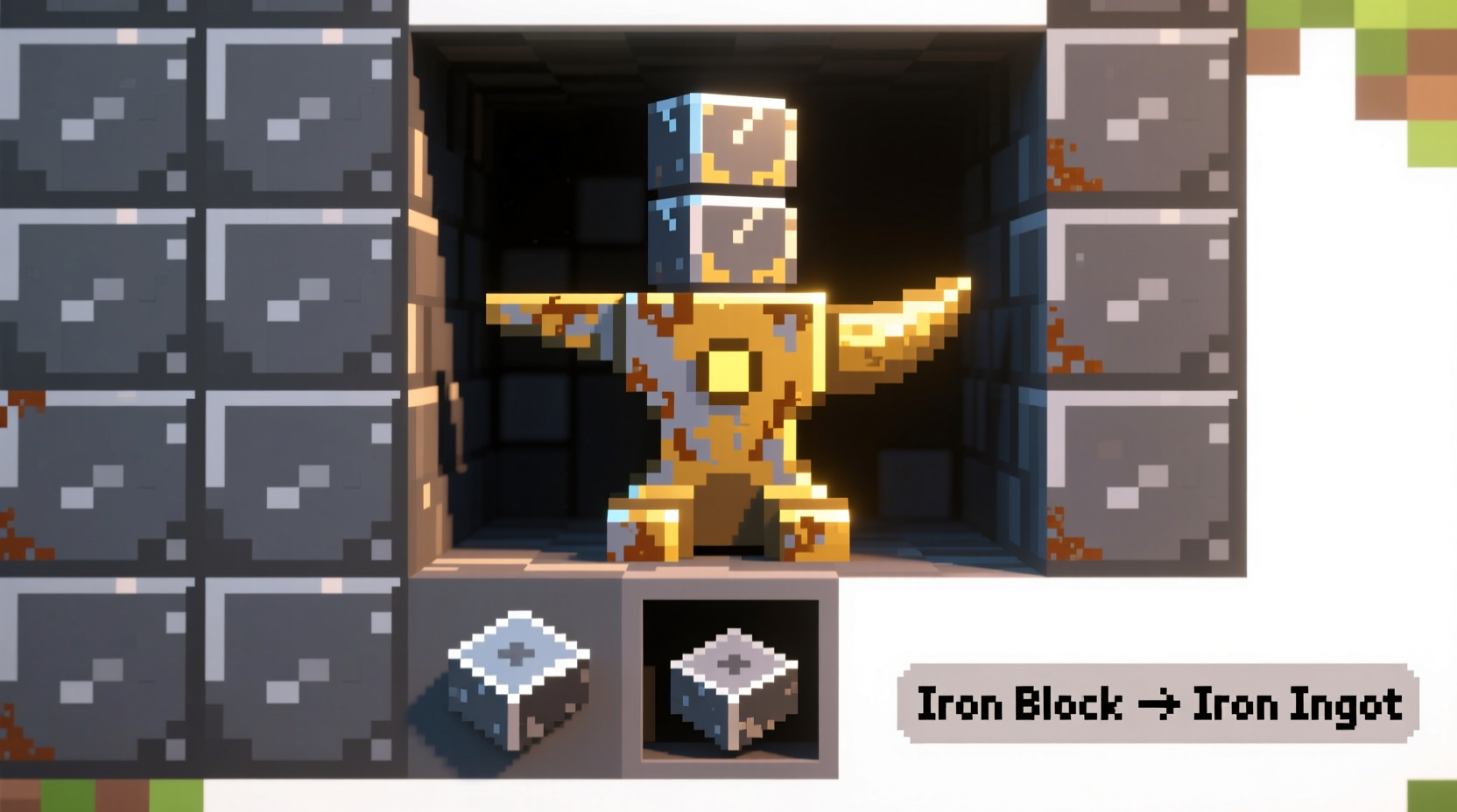 Minecraft crafting grid showing anvil recipe with iron blocks