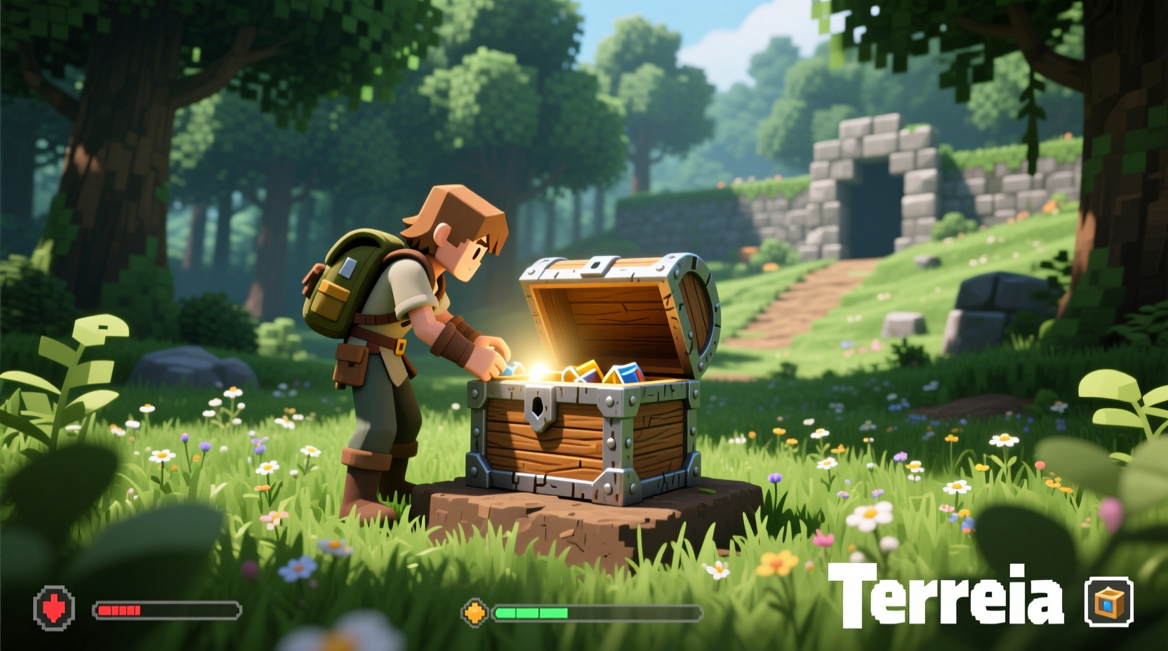 Terraria player placing first wooden chest in starting biome