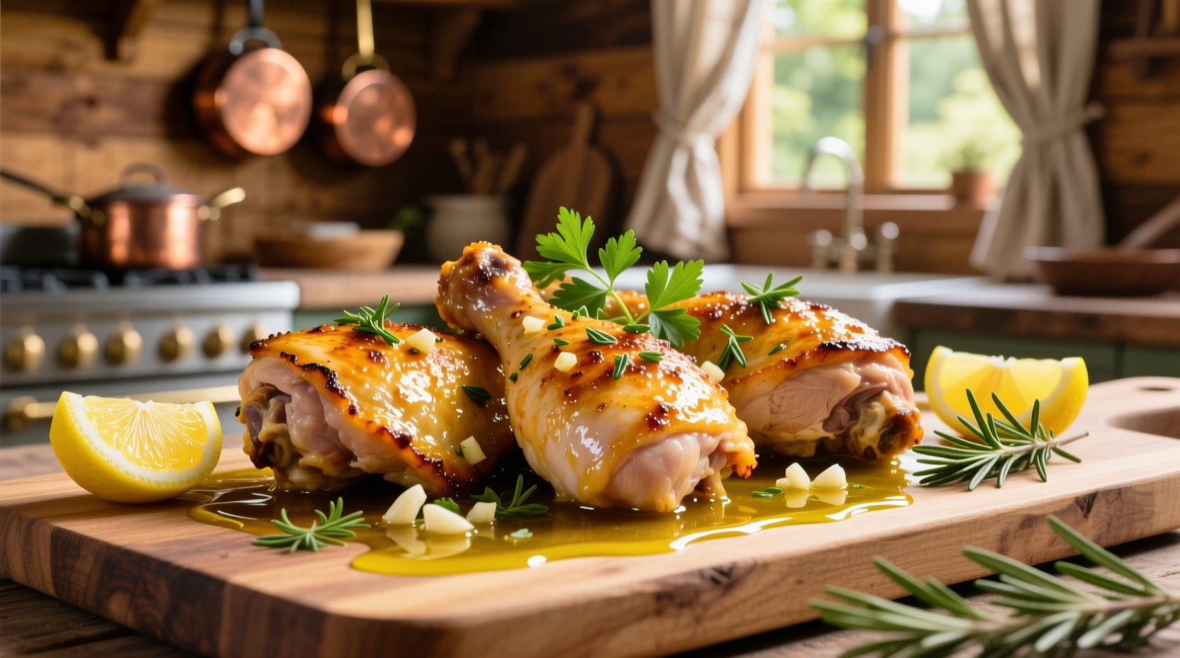 Golden lemon garlic chicken thighs with fresh herbs