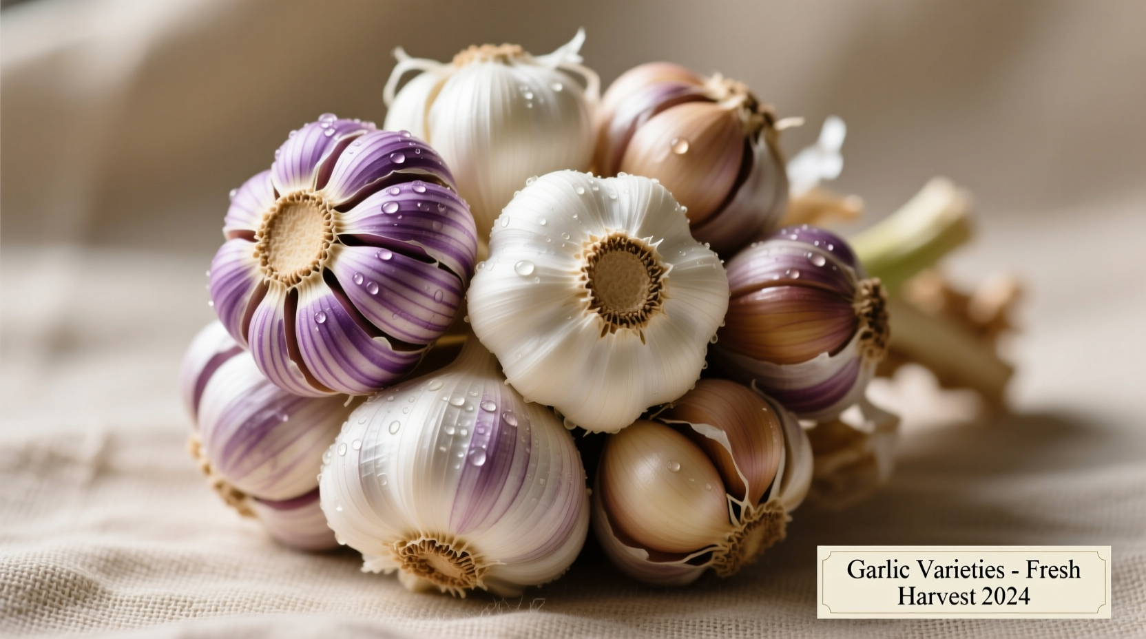 Fresh garlic bulbs showing different varieties and clove arrangements