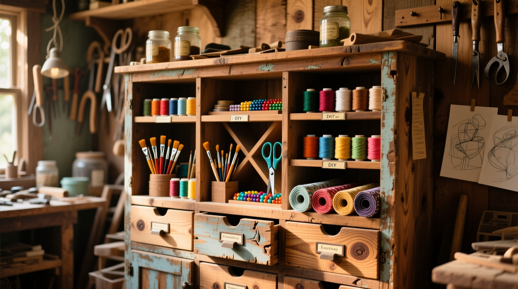 DIY crafting cabinet built from reclaimed wood with organized craft supplies