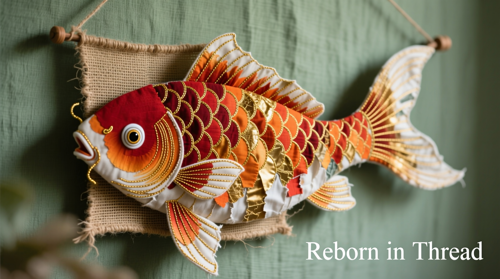 Textile artist creating fabric scrap koi fish wall hanging