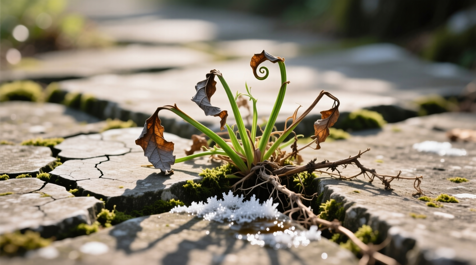 Close-up of weeds dying after vinegar treatment on stone path