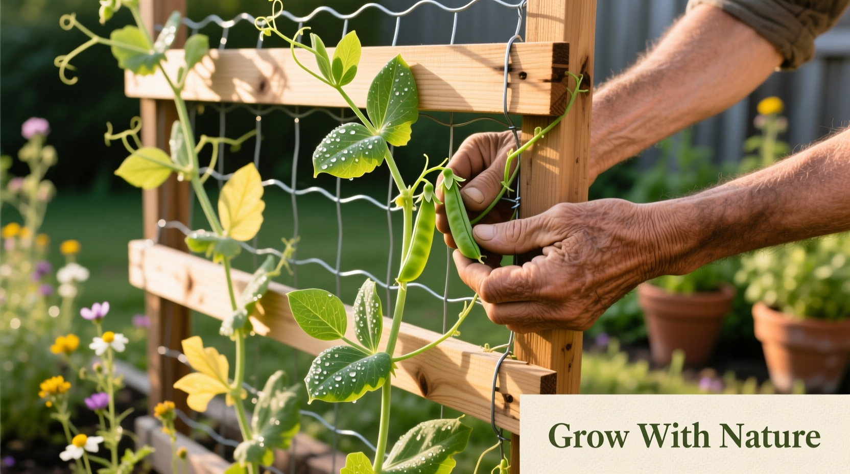 Hand training pea vines onto DIY garden trellis structure