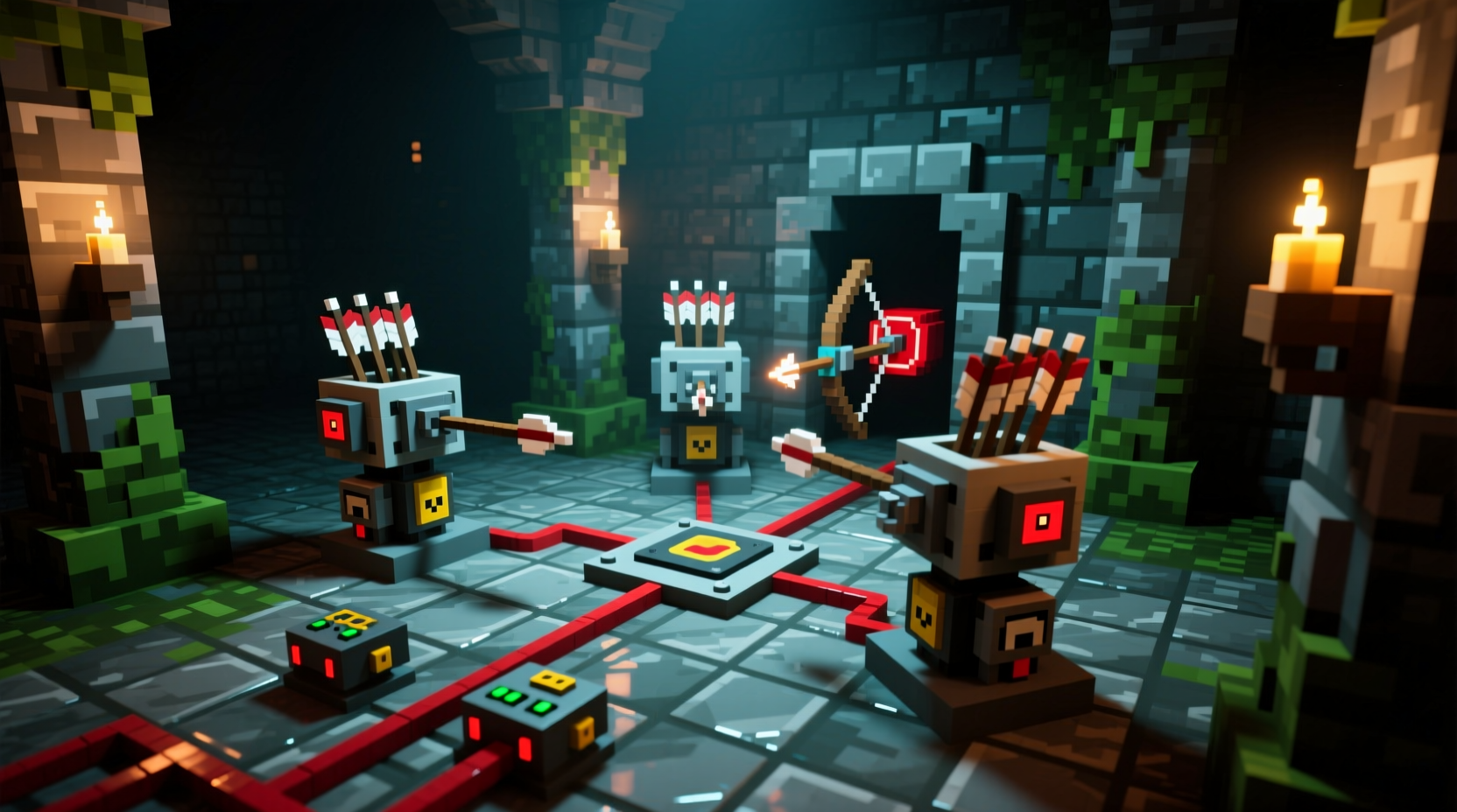 Minecraft automated bow trap with dispensers and redstone