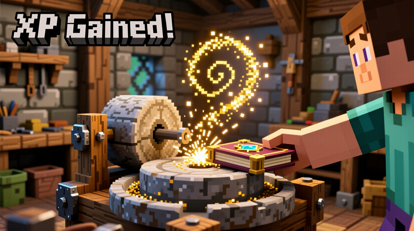 Minecraft grindstone disenchanting process showing experience gain