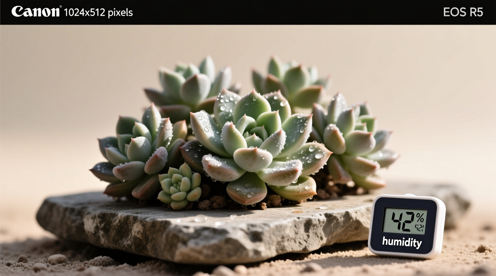 Hygrometer showing 42% humidity ideal for Echeveria - critical threshold for moisture-sensitive species