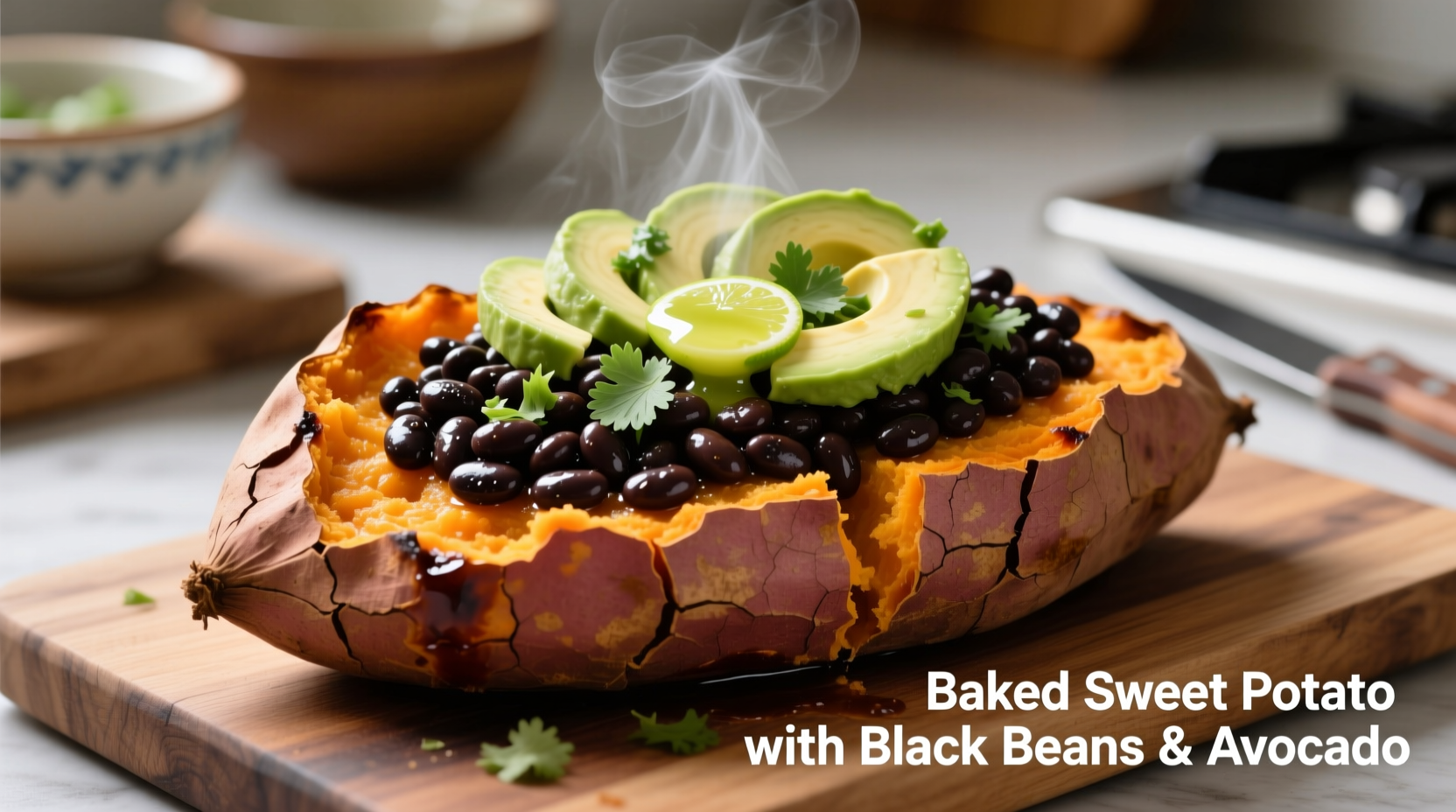 Baked sweet potato with black beans and avocado toppings