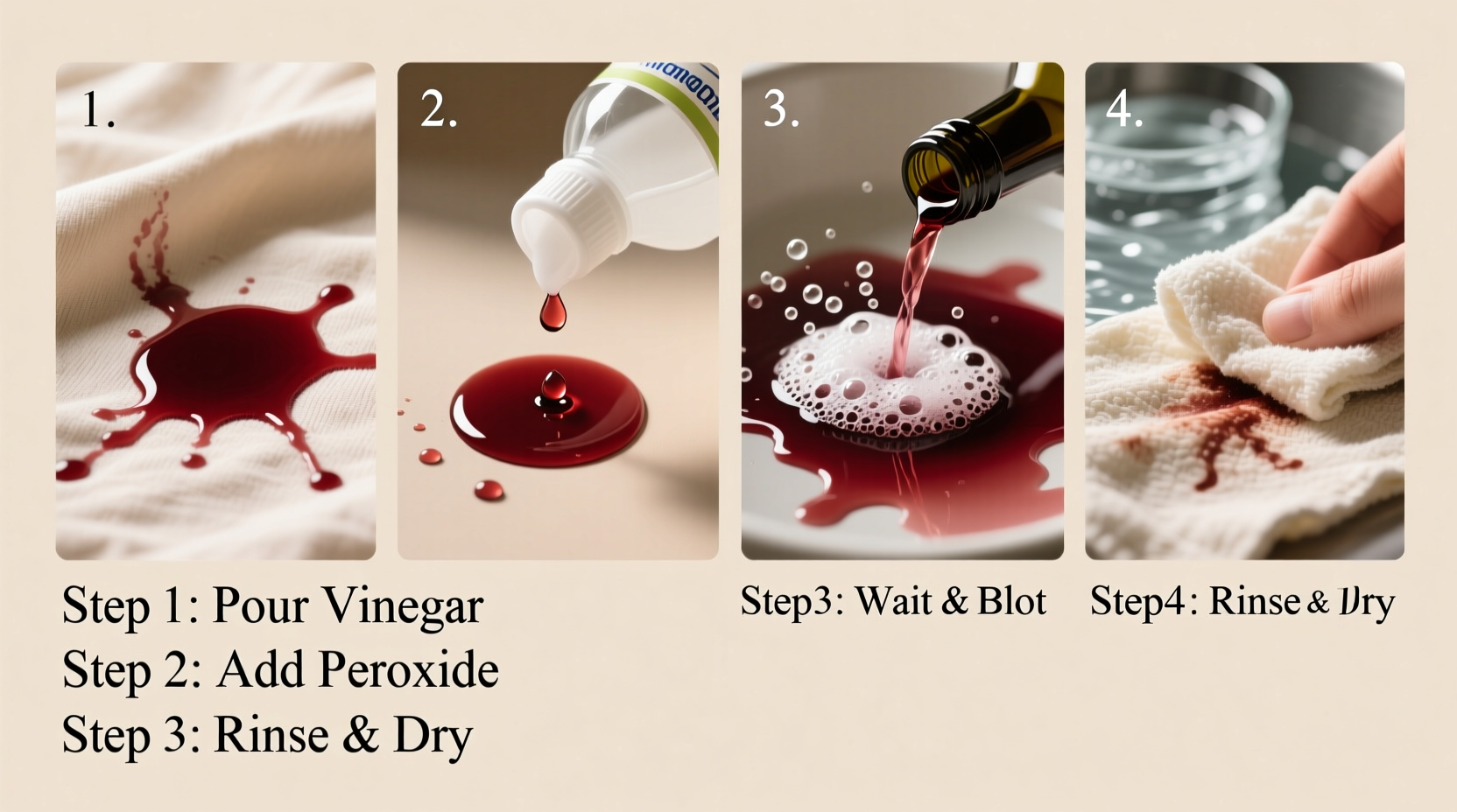 Step-by-step wine stain removal using vinegar and peroxide solution