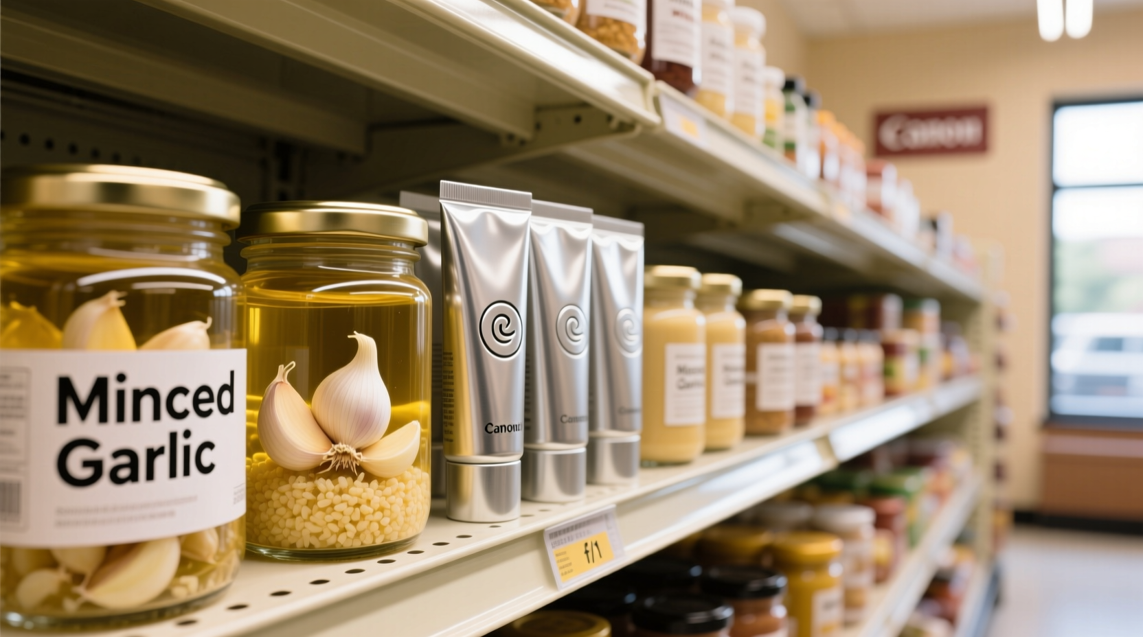 Minced garlic jars and tubes in grocery store
