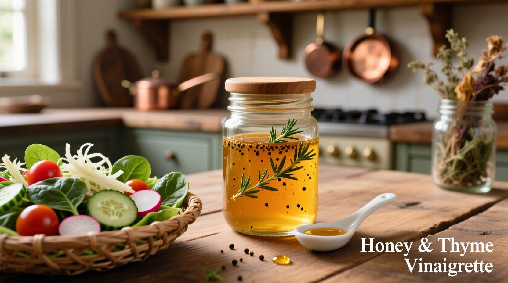 Homemade honey vinaigrette in glass jar with salad