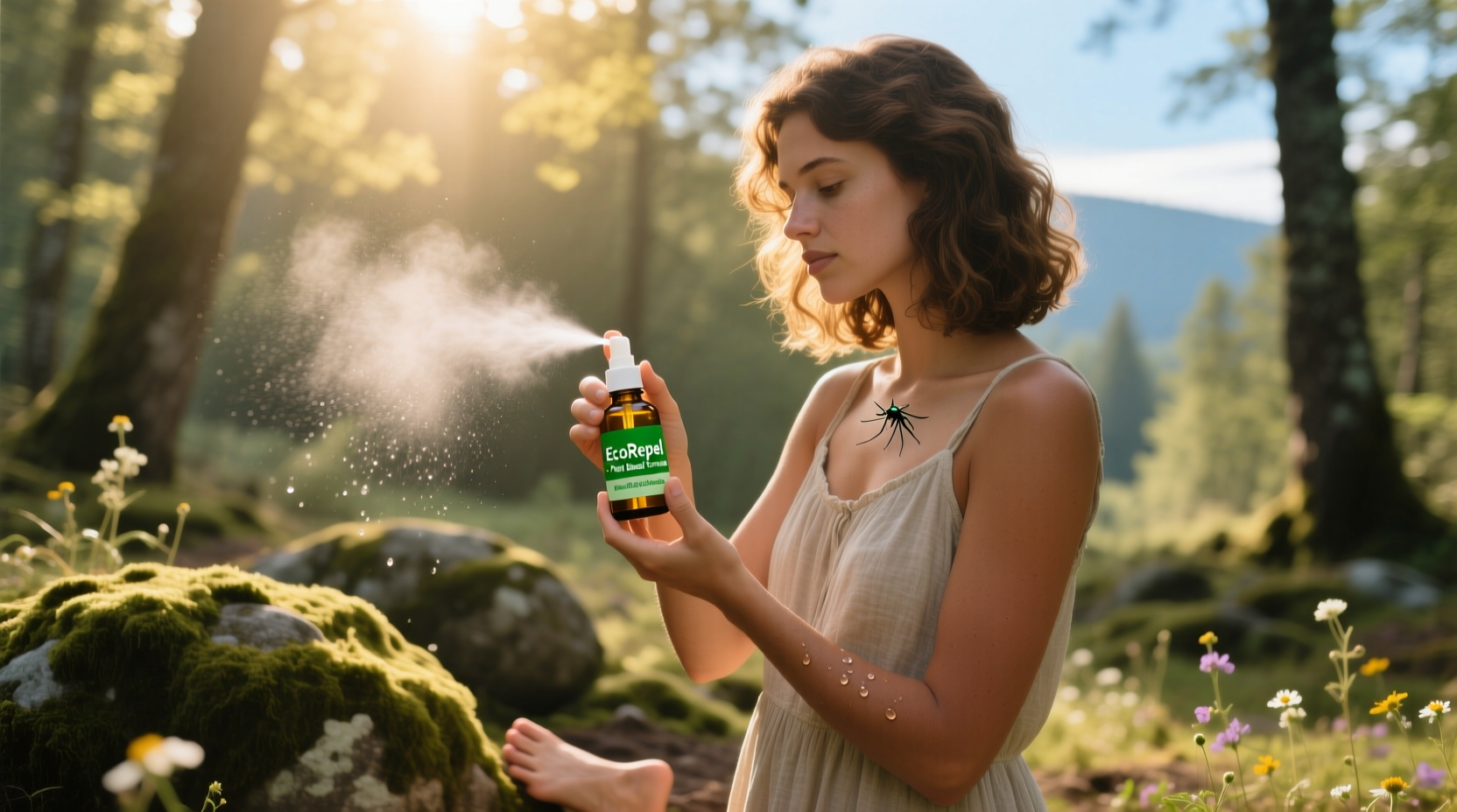 Woman applying natural mosquito repellent to skin outdoors