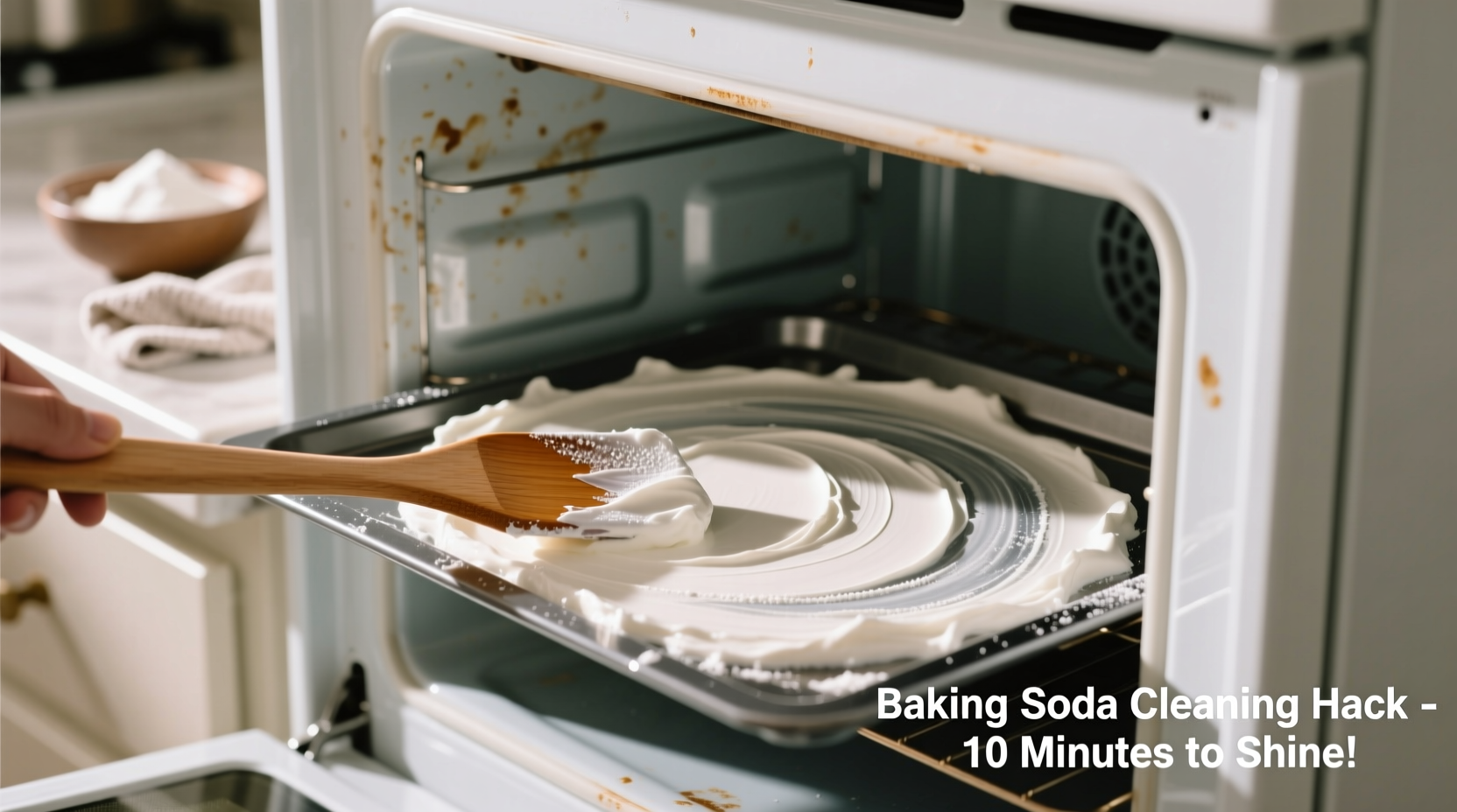 Applying baking soda paste to oven interior with spatula