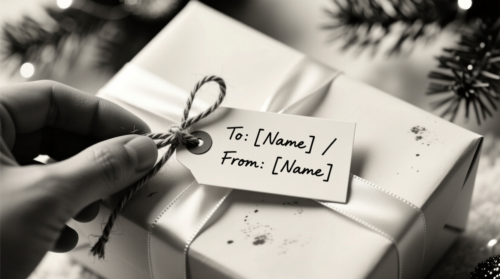 Seasonal context: holiday gift tags showing 'to/from' fields distinguishing gift labeling conventions from everyday present wrapping